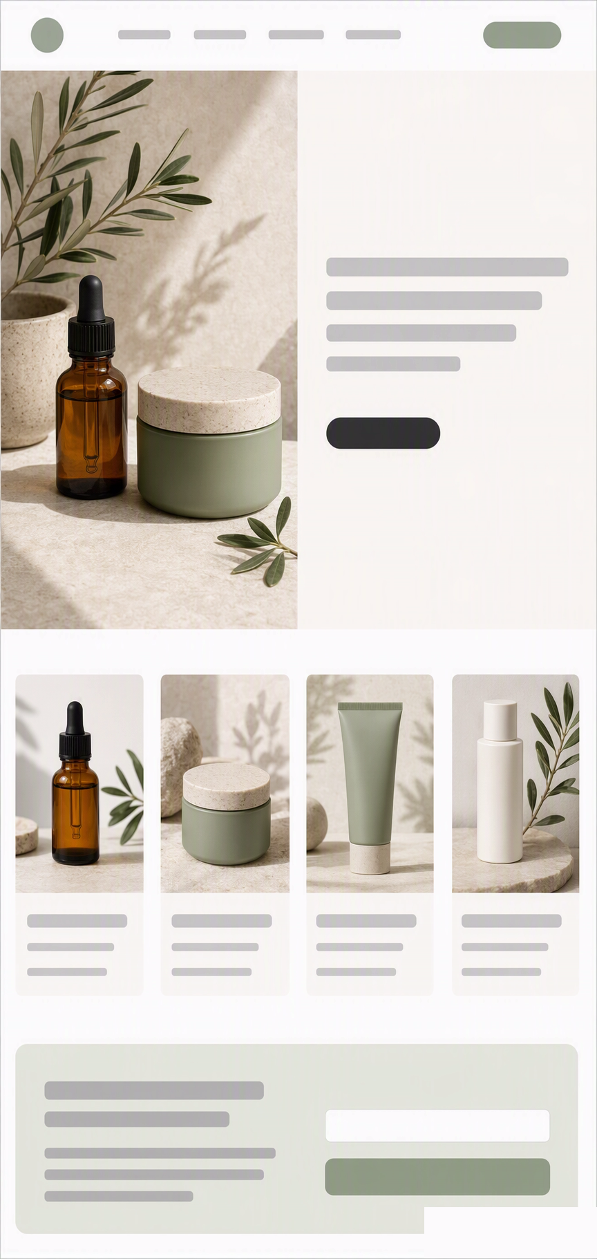 LUMÉRA 植物成分护肤品牌独立站首页截图：植物风横幅与护肤商品卡片