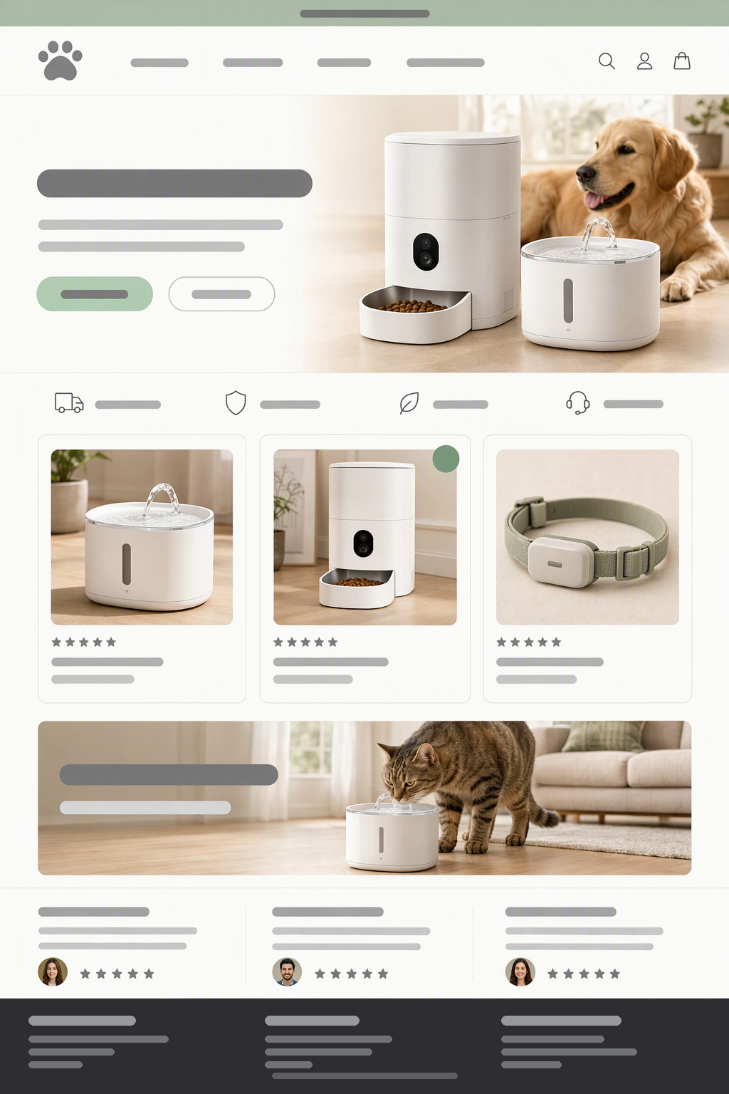 PAWPILOT 智能宠物硬件品牌独立站首页截图：宠物饮水机与喂食器产品卡片