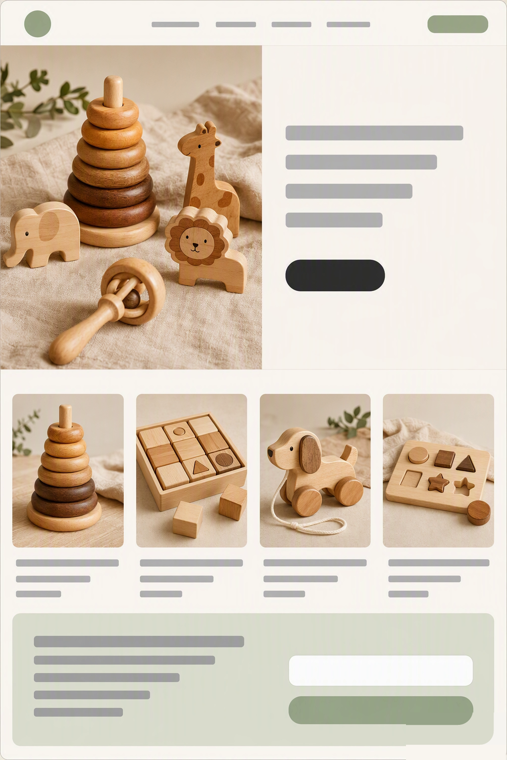 母婴玩具的场景化展示：原木色的木制积木、形状分类器与亲子共玩画面，象征益智玩具品牌走向全球家庭市场