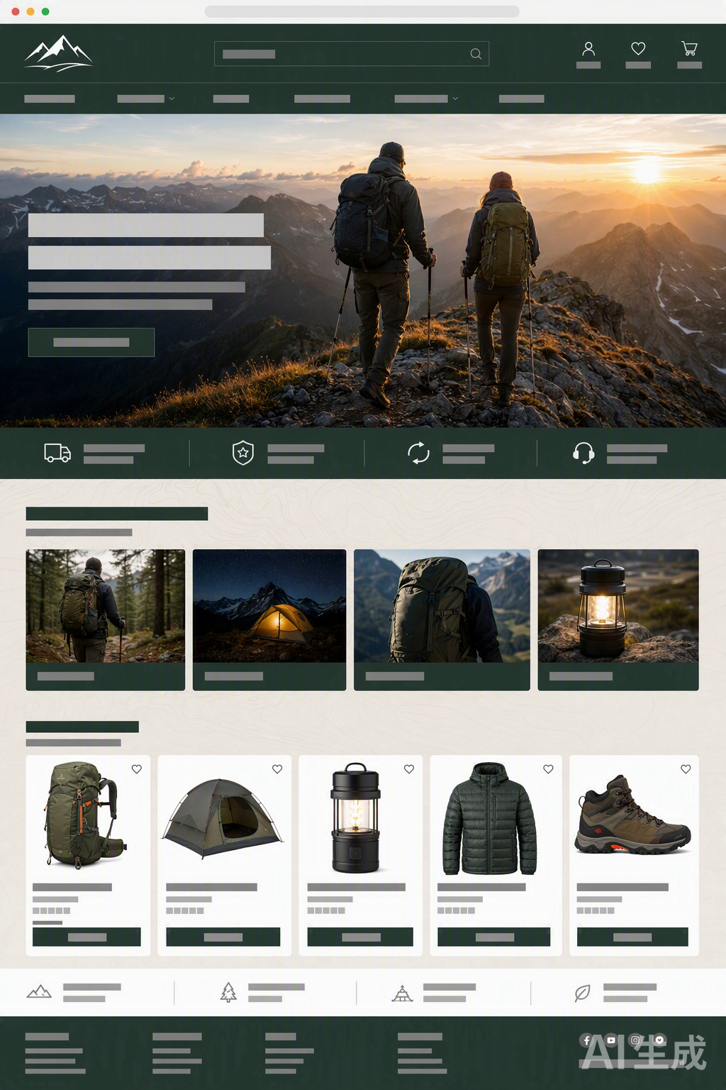 TRAILPEAK 户外装备品牌独立站首页截图：登山杖与露营装备场景横幅