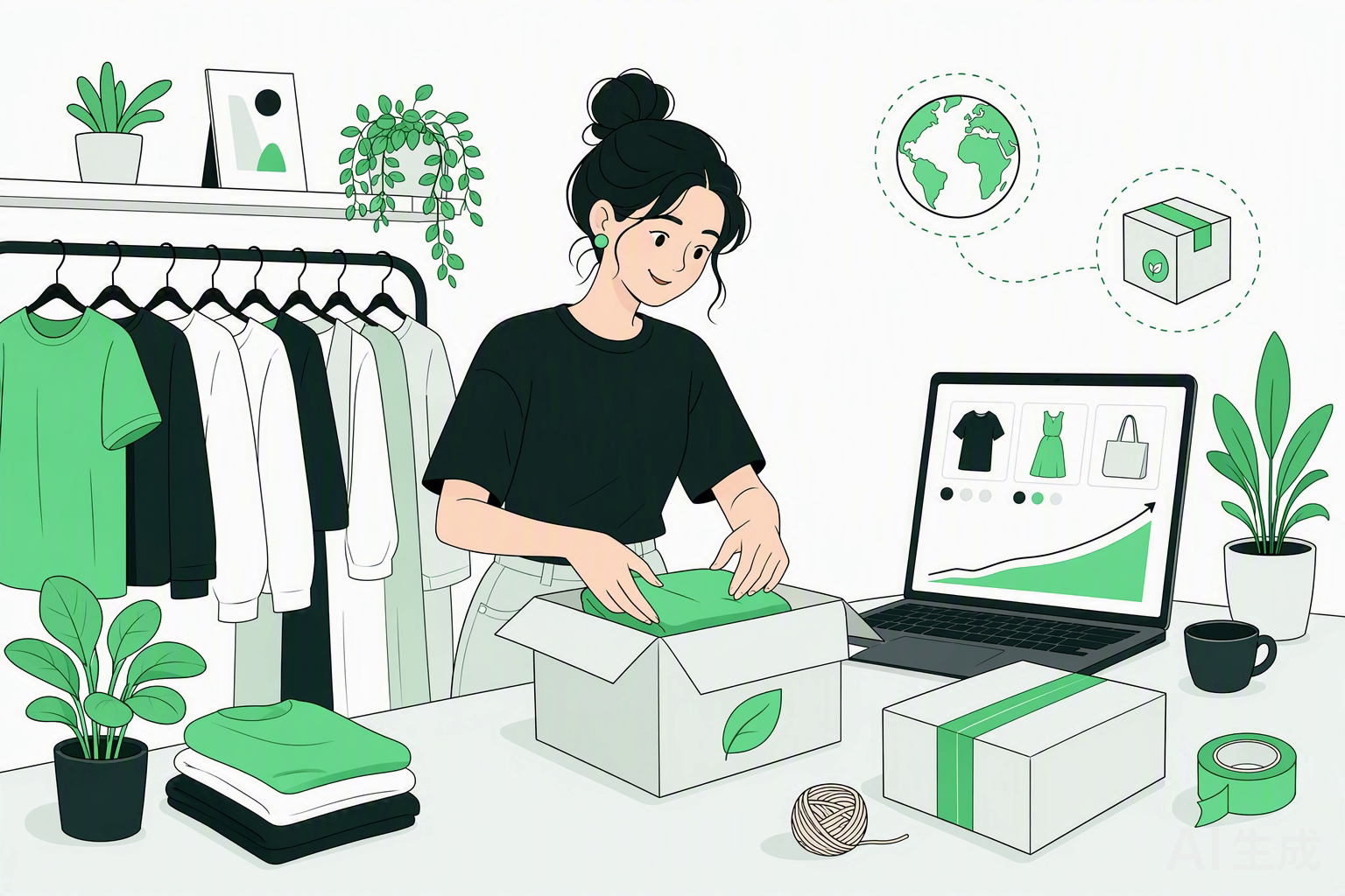 服装品牌创始人在工作室打包订单、经营网店的插画场景
